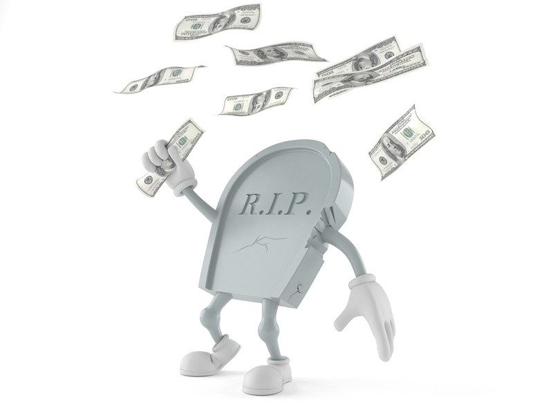 Grave character catching money isolated on white background. 3d illustration