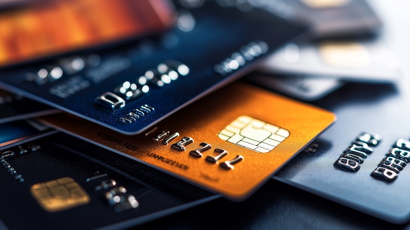 Close-up view of various credit cards stacked together, showcasing their designs and technology in a vibrant arrangement.