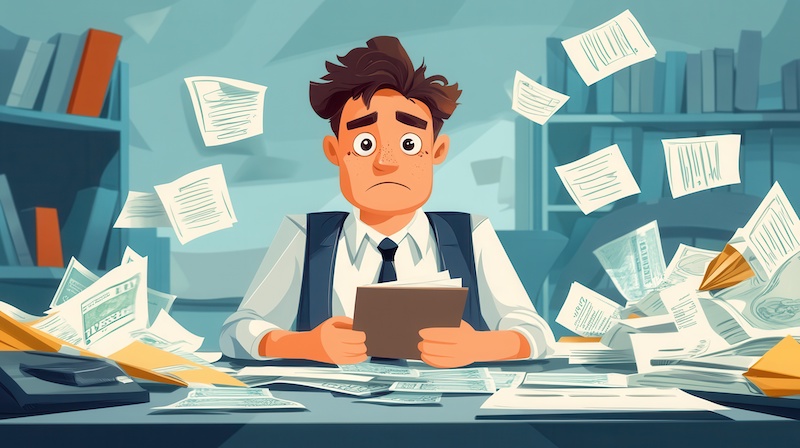 A cartoon-style businessman looking at an empty wallet, surrounded by unpaid bills and a bankruptcy court notice. --ar 16:9 --v 6.1 Job ID: ab7fe4da-05ec-4a28-8bd7-741bddc3c3b7