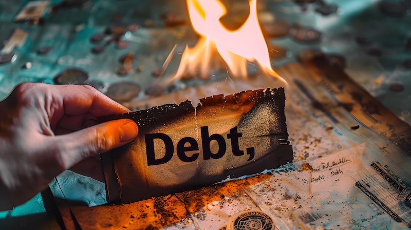 A person setting fire to a document labeled Debt, signifying debt repayment