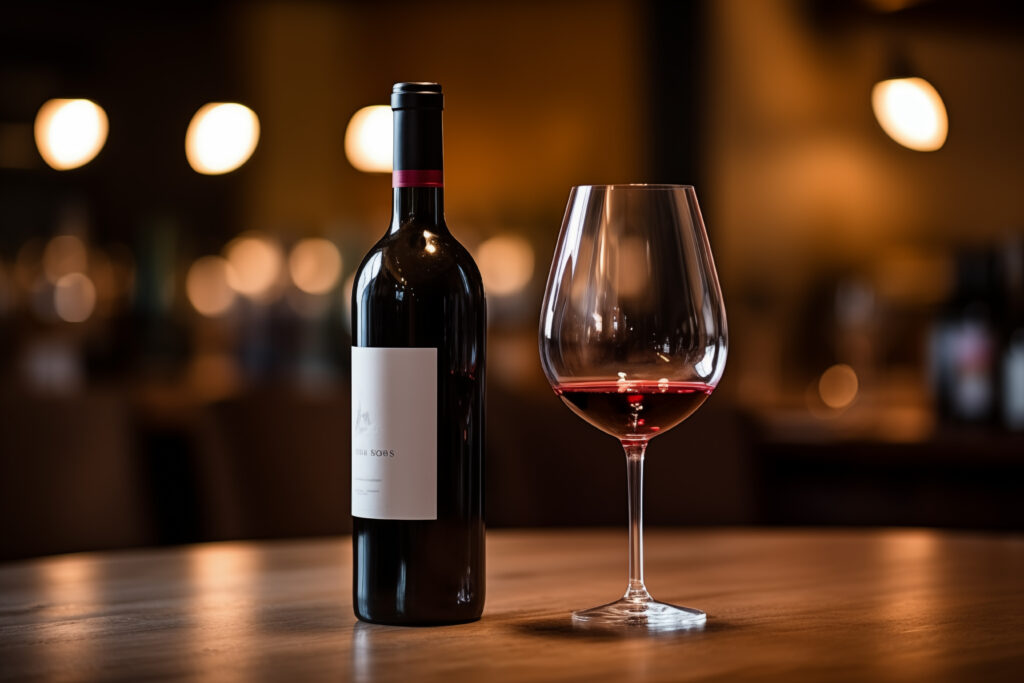 a red wine bottle and glass on a table with blurred bokeh background of a bar interior and soft lighting photography concept