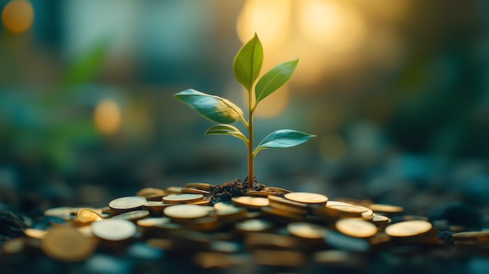 Investment Growth Concept - Young Plant Sprouting from Coins