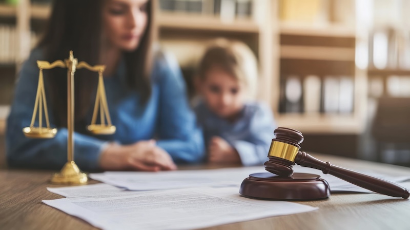 A family lawyer reviewing legal documents regarding adoption in a warm, family-friendly office