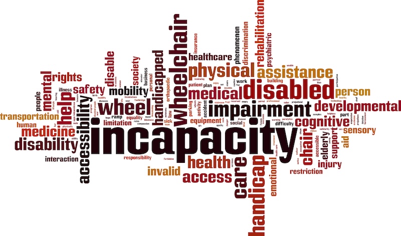 Incapacity word cloud concept. Vector illustration