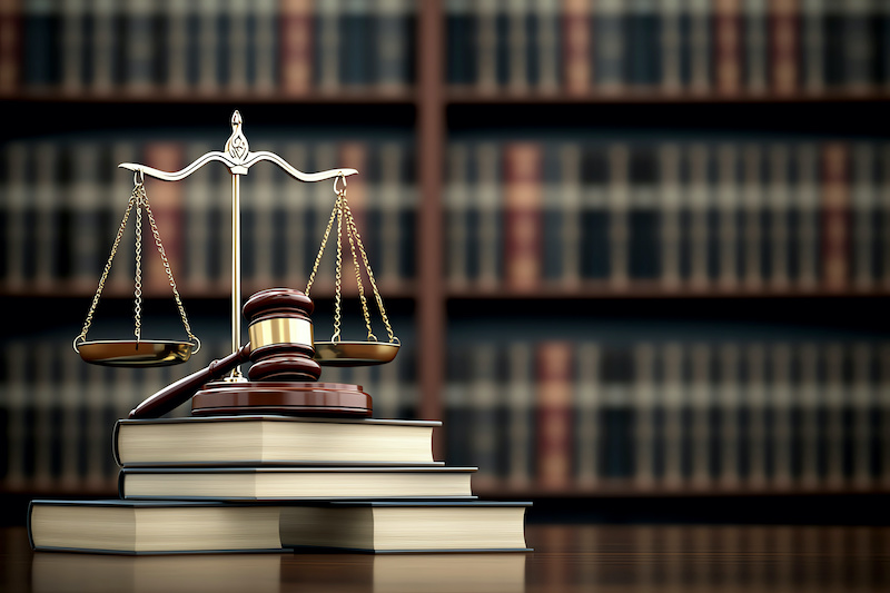 A dramatic scene depicting scales of justice and a gavel placed on top of law books symbolizing justice with a blurred background of bookshelves, captured in high-resolution, emphasizing a court setting with professional detail