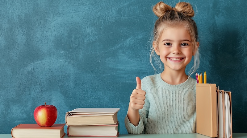 Cheerful girl giving a thumbs up in a classroom setting with books and an apple, perfect for educational themes.