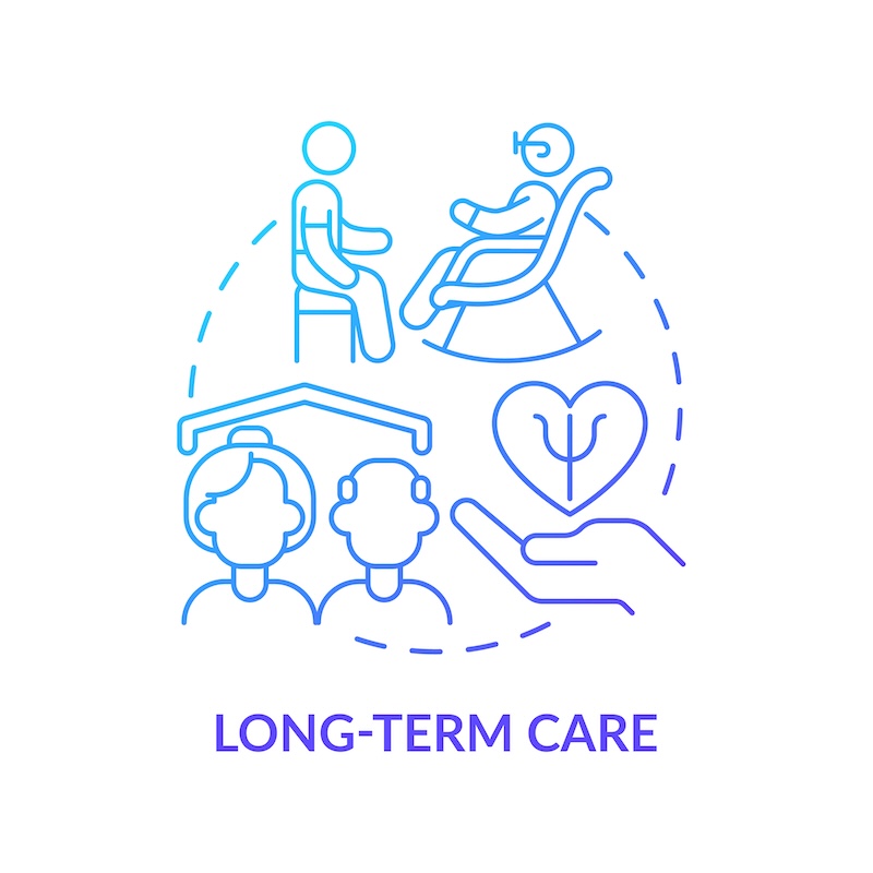 Long term care blue gradient concept icon. Mental health hospital care. Trend in psychology abstract idea thin line illustration. Isolated outline drawing. Myriad Pro-Bold font used