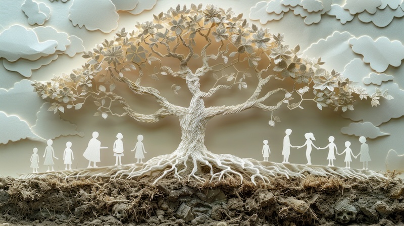 Illustrate a paper cut of a family tree with each branch made of paper representing generations of knowledge