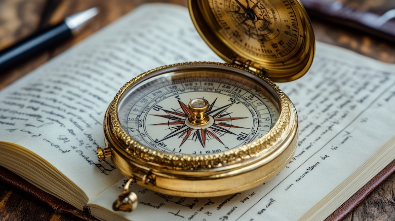 Antique compass on journal, wooden desk, adventure planning