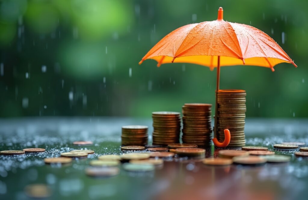 Orange umbrella protects coin stacks from rain, financial protection. Investment security, wealth, economy stability. Safety planning for retirement in future. Growth asset prosperity insurance