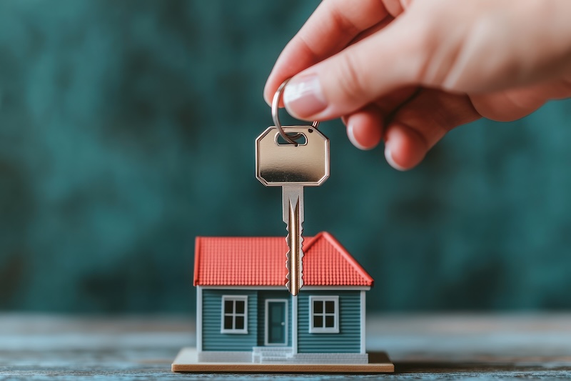 A hand placing a key on a miniature house symbolizes home ownership, real estate investment, and new beginnings in life.