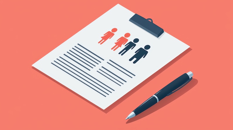 An illustration of a family life insurance document with figures representing family members, conveying the importance of planning for their financial security and health coverage.