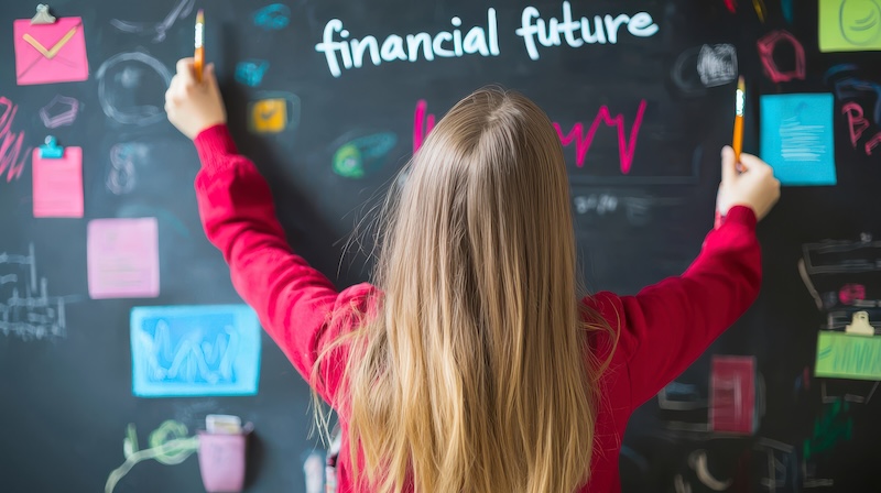 A young girl stands in front of a vibrant chalkboard, visualizing her financial future with colorful sketches and ideas, emphasizing the importance of financial literacy and education.