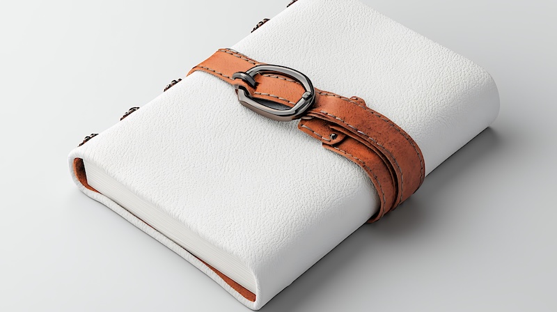 Close up view of a closed book with a speckled white cover and a wrapped light brown leather strap with a silver buckle. The book rests on a plain white background. The image is clean and well lit, showcasing the texture of the book cover and strap.