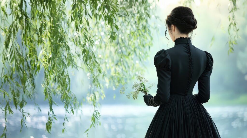 Back view of beautiful widow in a flowing black gown with a high collar and puffed sleeves, standing under a weeping willow tree beside a serene pond and holding withered flowers.