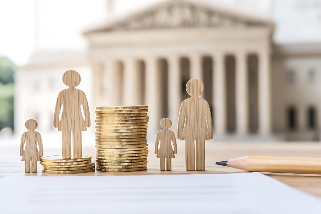 A wealth management scene with wooden family figures, coin stacks, a pencil, and a financial document against a courthouse, symbolizing inheritance, taxes, and family economics.