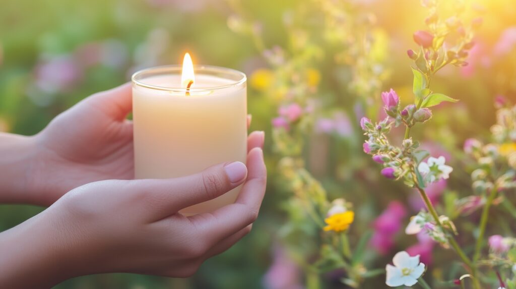 Hands gently holding a white candle in memory of a loved one, soft-focus background of flowers. Bright positive photo --ar 16:9 --v 6.1 Job ID: 5678863b-fbb4-4501-a1f9-47cc889a0cb0