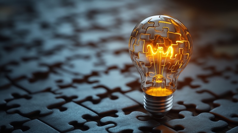 high quality illustration, puzzle pieces assembling into a lightbulb symbolize the link between decision-making and logical reasoning in a banner design