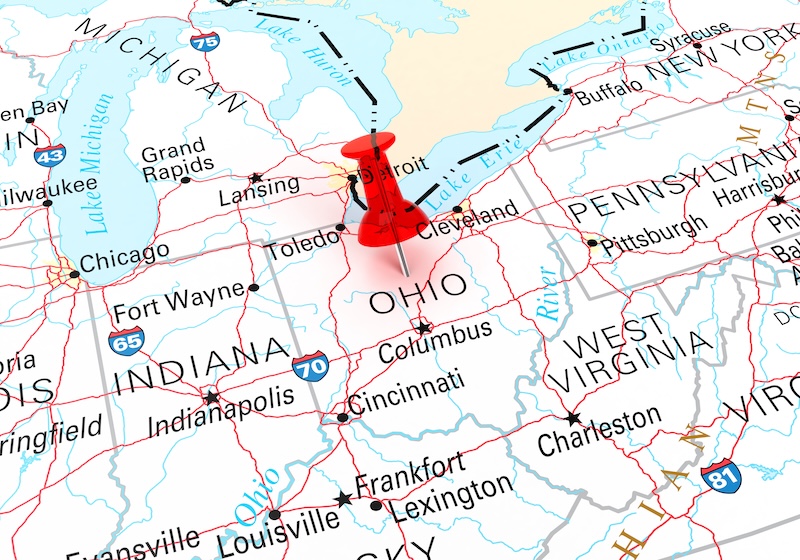 Red Thumbtack Over Ohio State USA Map. 3D rendering