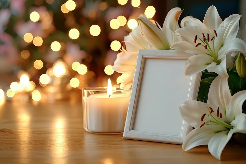 A still life arrangement of white lilies, a burning candle, and a blank picture frame on a wooden table.