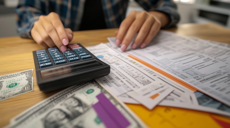 Close-up of hands counting money at a desk with a calculator and financial documents. Concept of personal finance, budgeting, and managing money effectively. --chaos 10 --ar 16:9 --style raw --v 6.1 Job ID: d7d66b0d-8b6c-4a00-bd44-19daf1c46dd4