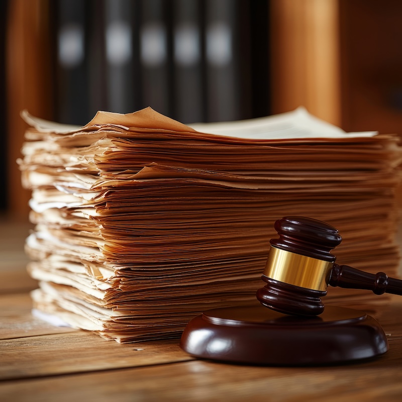 Stack of legal documents with a gavel on a wooden desk. Perfect for creative and commercial projects
