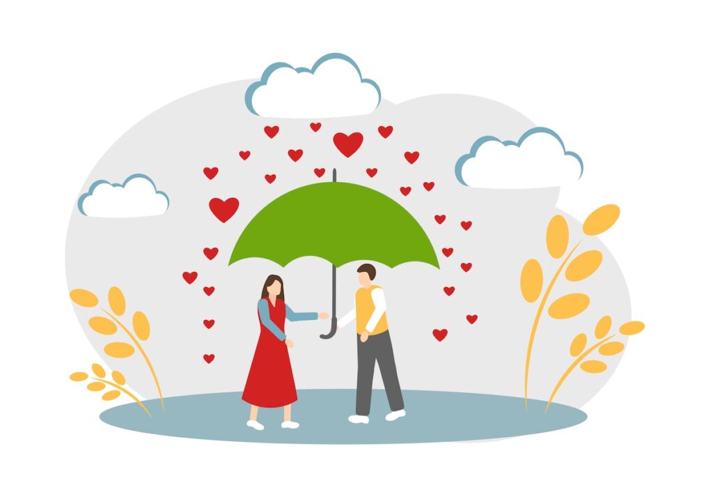 Couple in love under an umbrella. Building a romantic relationship