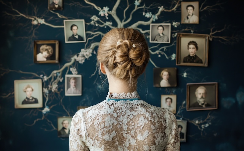 Old family photos with a woman: DNA genealogy, ancestral tree, heritage research, genetic links, vintage images, generational history, familial ancestry, legacy preservation, family roots