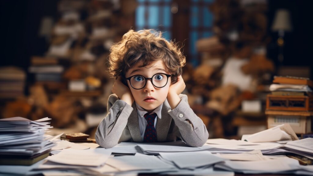Whimsical child in a suit, confused or overwhelmed by tons of paperwork