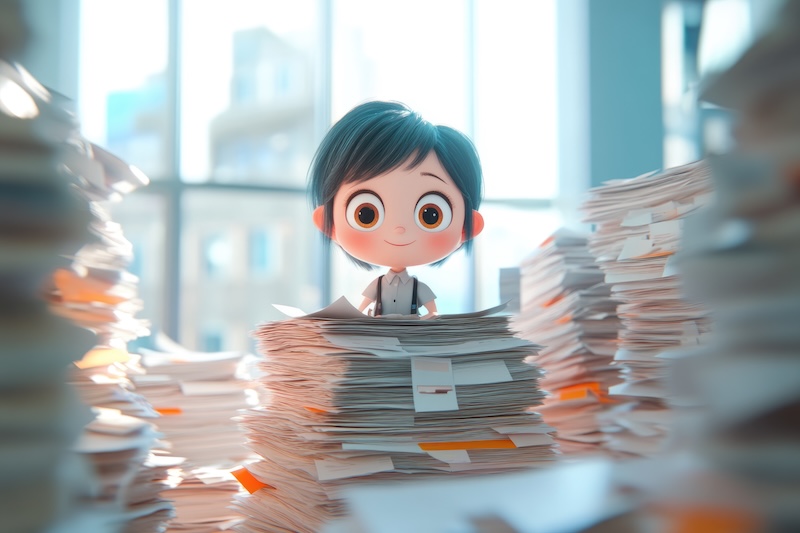 3D animated portrait of a chibi-style office worker, with big round eyes and rosy cheeks, sitting amidst stacks of adorable miniature documents; medium shot, soft, overhead lighting casting minimal shadows, pastel orange, peach, and light grey color palette, smooth, almost glassy textures for the character and paper, a slightly blurry background of a pastel-colored cityscape viewed through a large window, evoking a sense of peaceful solitude in a busy world. --ar 3:2 --v 6.1 Job ID: 09b15899-7c3e-43ec-8c0d-6b0e0c8fec5b