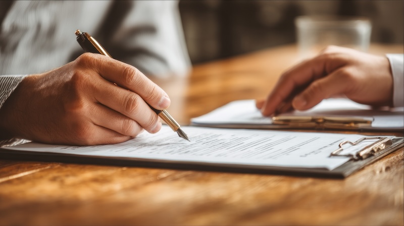 Close-up of hands reviewing family legal documents on wooden desk, pen and checklist beside, trust-building professional environment