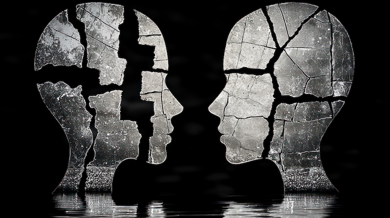 Cracked heads face to face, against black background