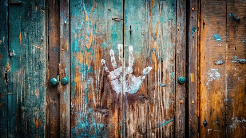 A tiny handprint on a worn wooden door, surrounded by scribbled chalk marks, symbolizing the innocence and vulnerability of childhood trust in a safe haven.