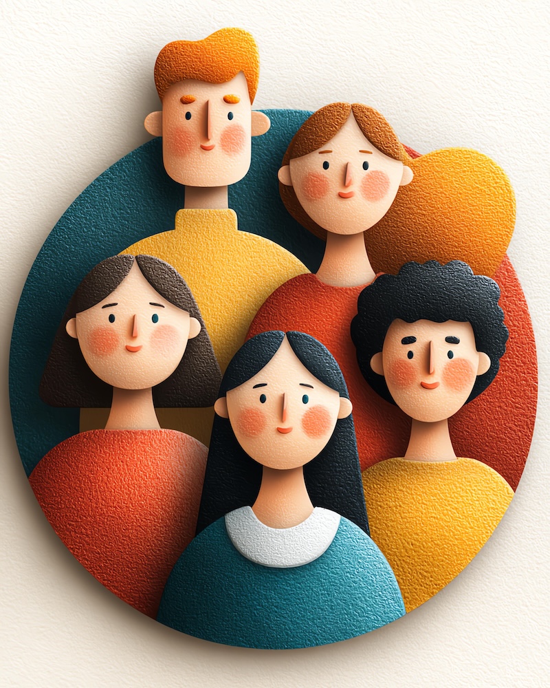 decision makers digital persona marketing shopper target audience Colorful illustration of a diverse group of people smiling, showcasing unity and connection in a modern style.