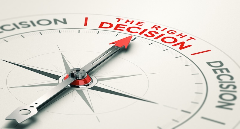 Conceptual compass with needle pointing the right decision. Business judgement concept. 3D illustration.