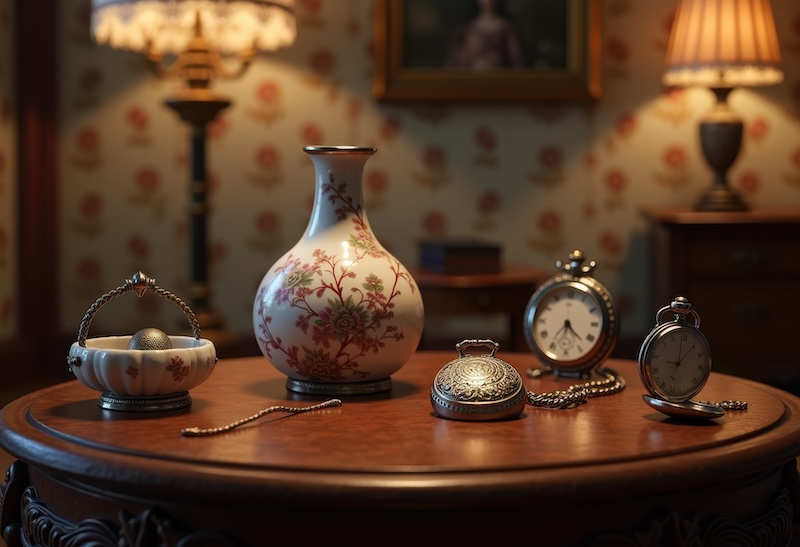 elegant presentation timeless family heirlooms under soft ambient lighting highlighting vintage charm intricate details, antique, ornament, decor