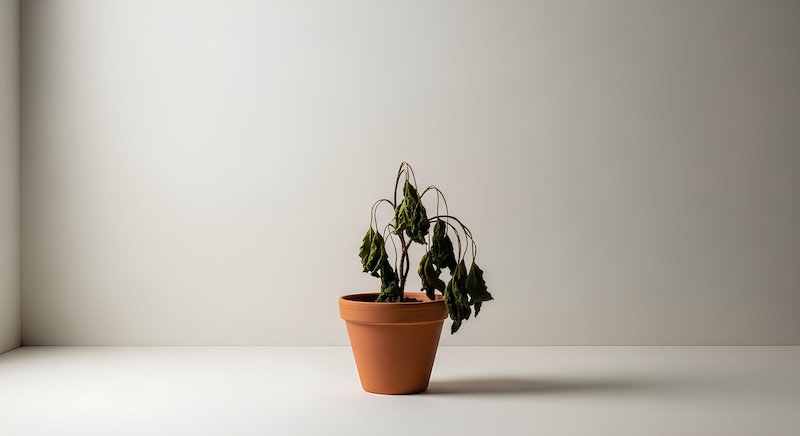 Image of a wilting potted plant signifying dormancy, failure, or neglect. The plant's drooping leaves and overall lifeless appearance convey a sense of sadness and decay. The minimal background emphasizes the plant's isolation and emphasizes the themes of death and loss