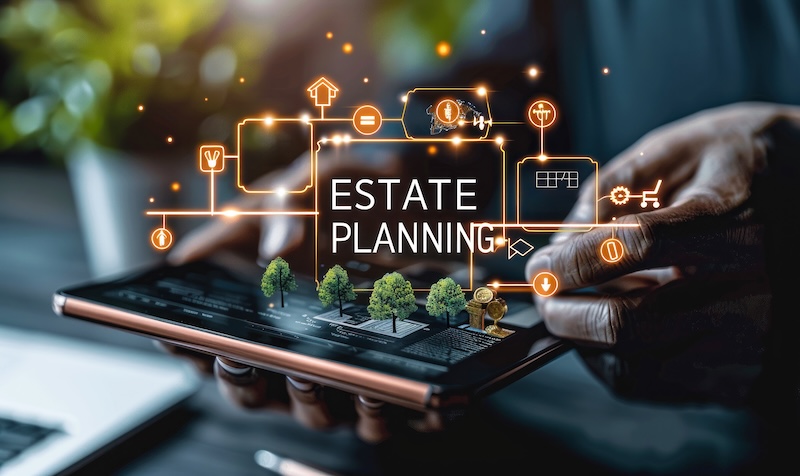Financial Advisor Utilizing Interactive Digital Platform for Estate Planning with Icons for Wills, Trusts, and Property Management