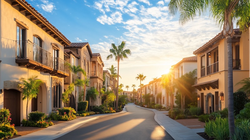 Suburban street at golden hour,  luxury homes