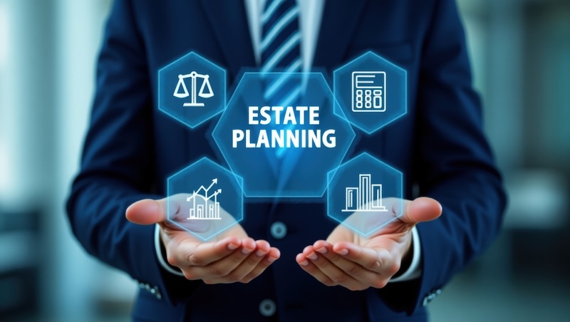 Businessperson is showcasing a digital interface displaying the concept of estate planning with various financial symbols and indicators, emphasizing growth, success, and future strategies.