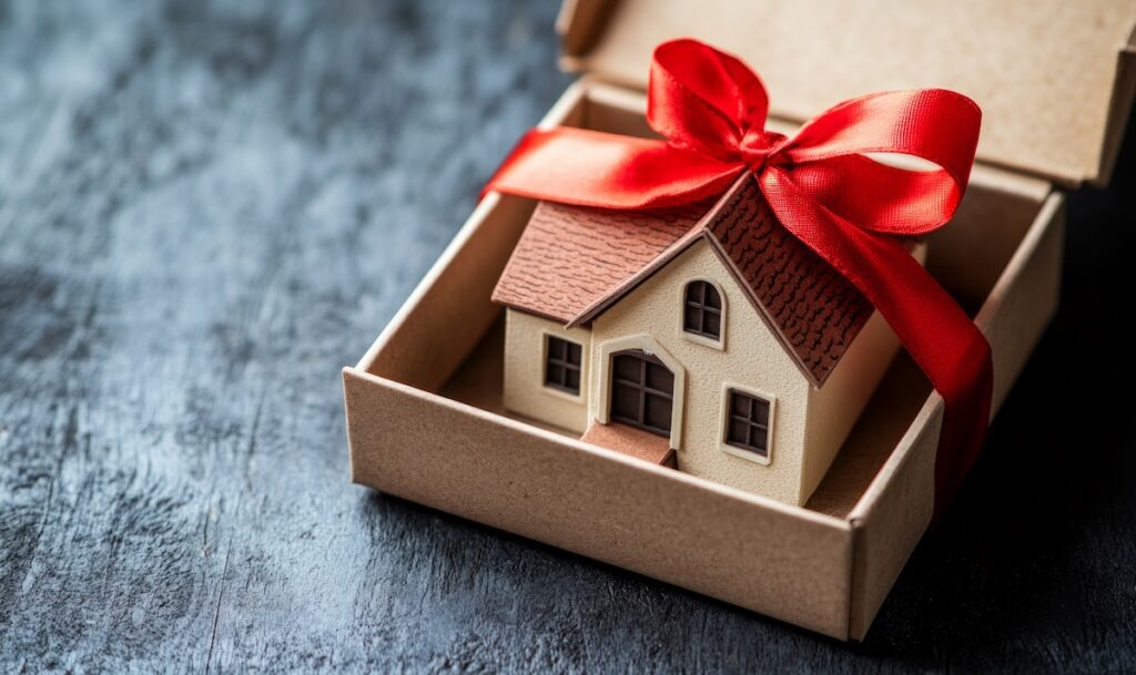 House as a gift. House architectural model in a gift box with a bow. Buying a new home, inherit real estate. Mortgage and home loan, moving in new apartment, celebration