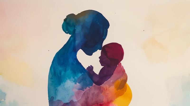 Abstract watercolor painting of a mother holding her baby against a soft pastel background, emphasizing love, care, and maternal bond with vibrant colors.