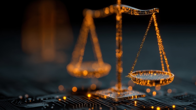 A detailed depiction of a balance scale symbolizing law and justice, set against a dark, digital backdrop filled with glowing circuitry elements. The image captures the essence of legal principles. SSUCv3H4sIAAAAAAAACk2NywoCMQxF/+WusxgRXPQ73ImLTCfUQG2hD2EY+u/GiuDucELuObByVQ93GDT/SPwUuNRjJMimLRflCLcQWOFOBI2x11a4aU7TF0mblImvcr4sRoPguUmwZ6nf6dm4HR8Ph6tYKcccdhBqX01h0O/65+7WDZL8bitjjDeVKRe6rgAAAA==