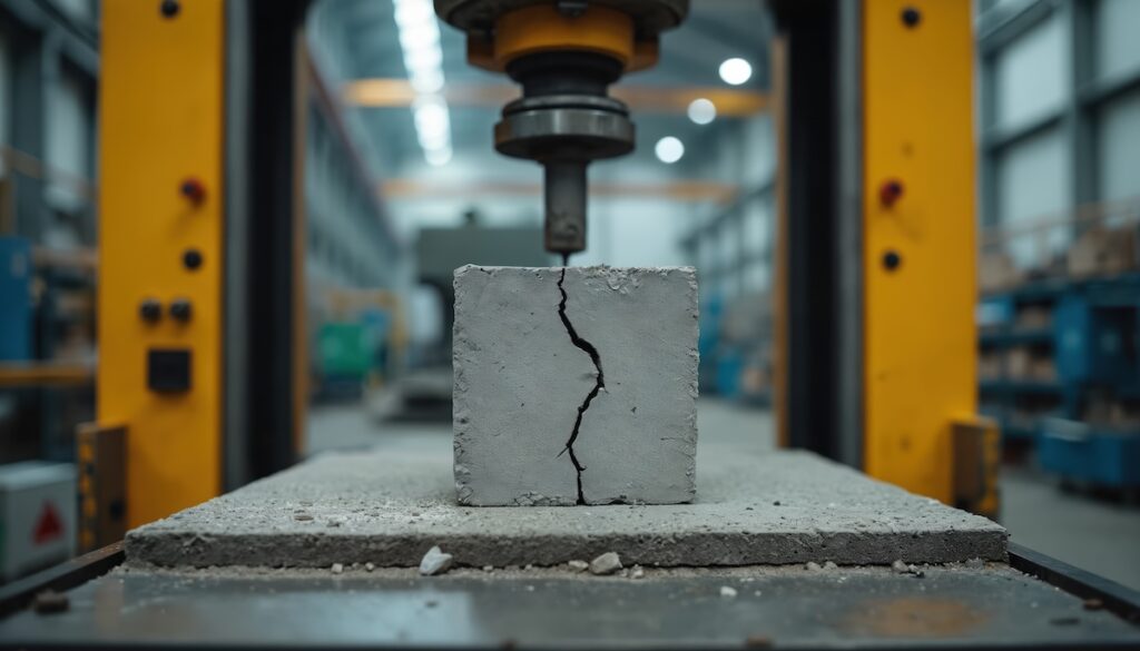 Concrete cube on compression test within a universal testing machine revealing a prominent crack. This process scrutinizes building material strength and structural integrity in civil engineering.