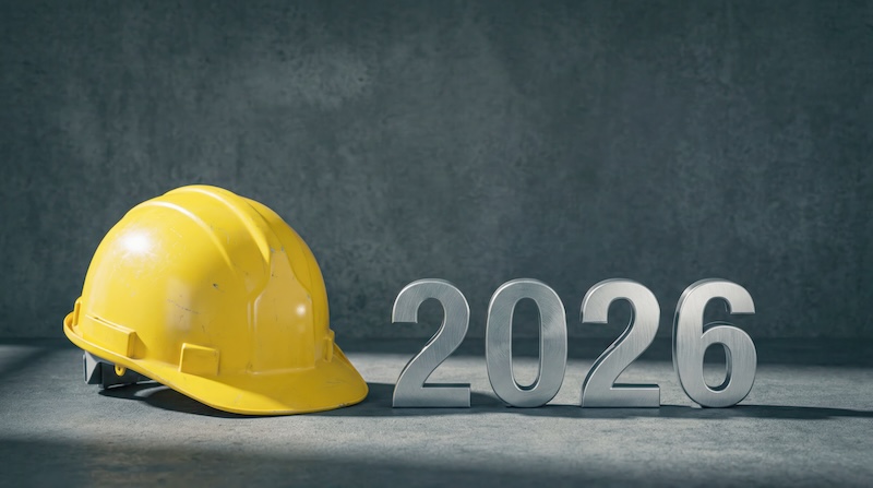 Yellow construction helmet placed next to shiny metallic numbers 2026 on a rough concrete background, representing new year aspirations and growth