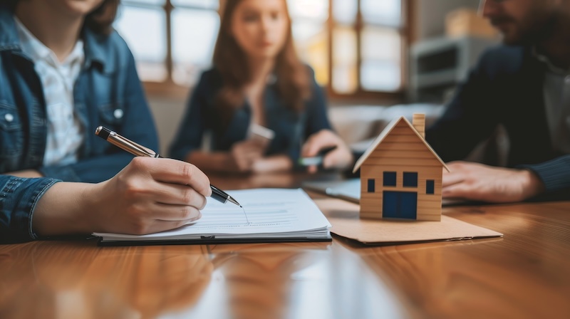 Real estate agent showing house plans to clients.
