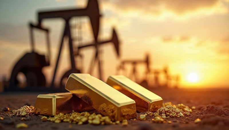Gold bars, crude oil rigs sit in ground at sunset. Shiny precious metal bars, energetic industry equipment represent wealth, resource extraction. Both assets signify financial investment global