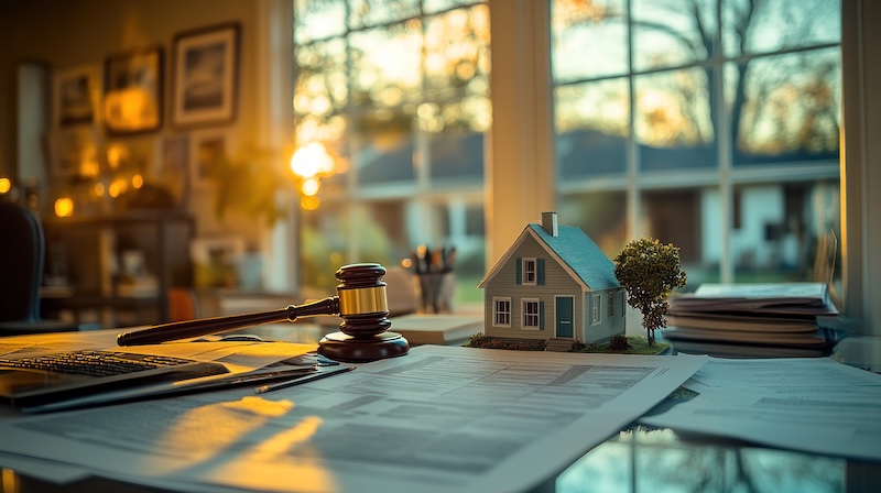 Gavel and model home on a desk with papers, symbolizing real estate and legal proceedings.