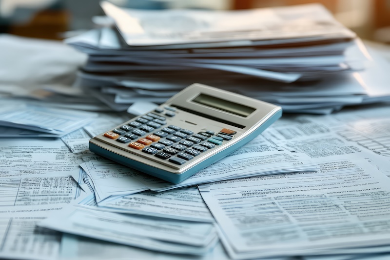 Tax preparation documents and a calculator, accountant intently working
