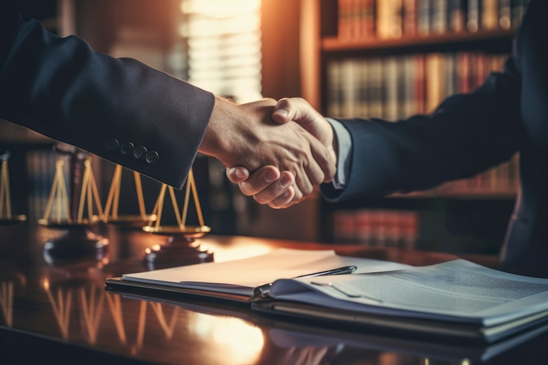 A handshake between an attorney and a client in a professional law firm office estate planning mandate